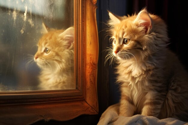 Photo a cute kitten looks at its reflection in a mirror bathed in the warm evening light generative ai