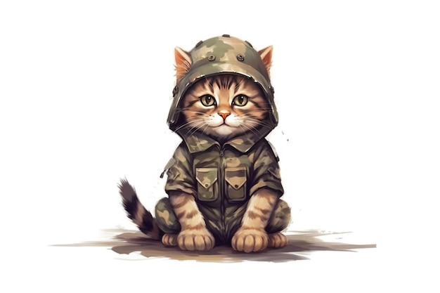 Cute kitten in military uniform Isolated on white background Generative AI