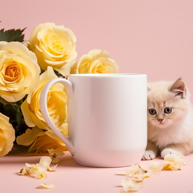 写真 ピンクの背景のコーヒーカップやカップにマグとバラをつけたかわいい子猫のモックアップテンプレートデザインai