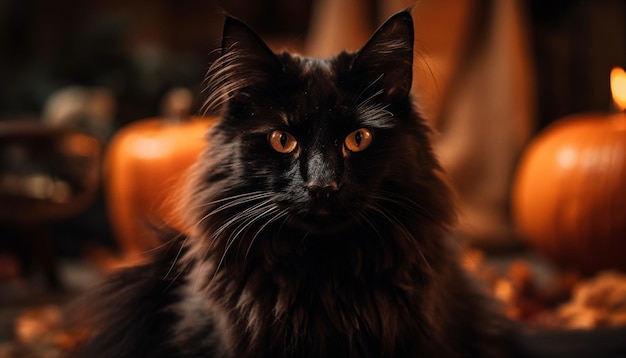 Cute kitten peeks out of pumpkin decoration generated by AI