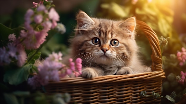 A cute kitten perched on a basket with a tree and flowers in the backdrop Generative AI