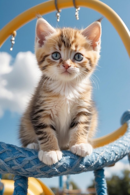 푸른 놀이터 슬라이드 에 앉아 있는 귀여운 새끼 고양이
