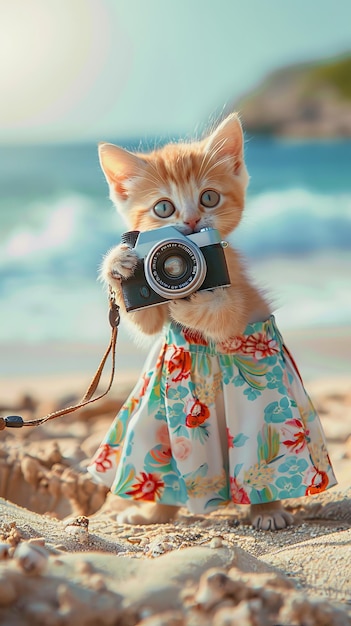 Cute kitten photographer wearing summer clothes like a human Cat with camera traveler