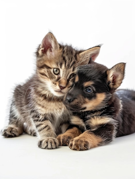 可愛い子猫と遊び心のある子犬が平和に隣り合わせて横たわっている