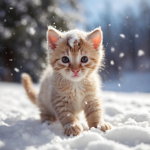 Cute Kitten Playing in Winter Snow