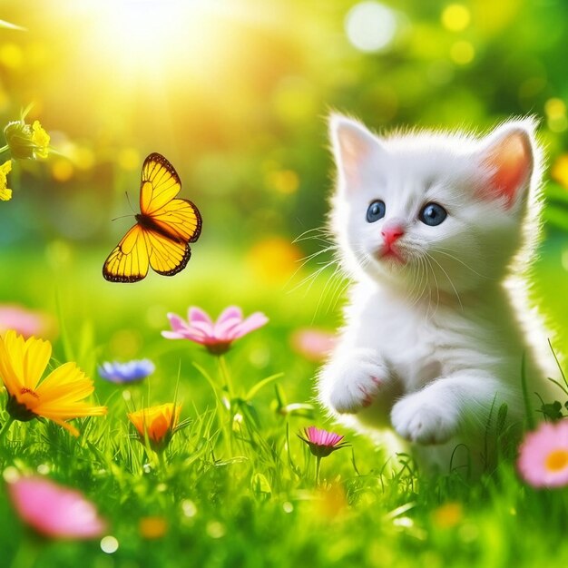 Cute kitten playing with butterfly