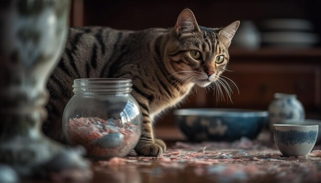 Cute kitten playing with toy on table generated by AI