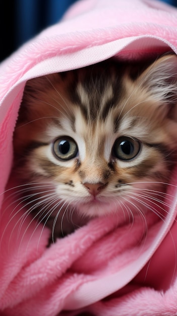 Foto simpatico gattino dopo il bagno avvolto in un asciugamano rosa con gli occhi azzurri sfondo mobile verticale