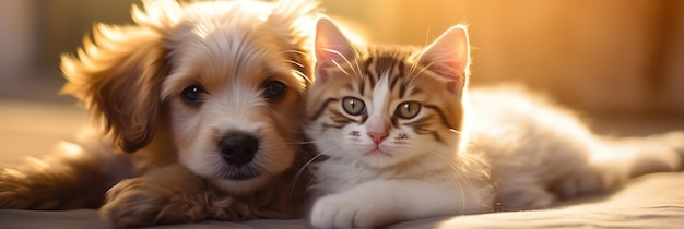 可愛い子猫と子犬が日光の下で隣に座っている写真