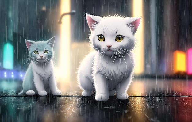 Cute kitten in the rain in the city center Generative AI