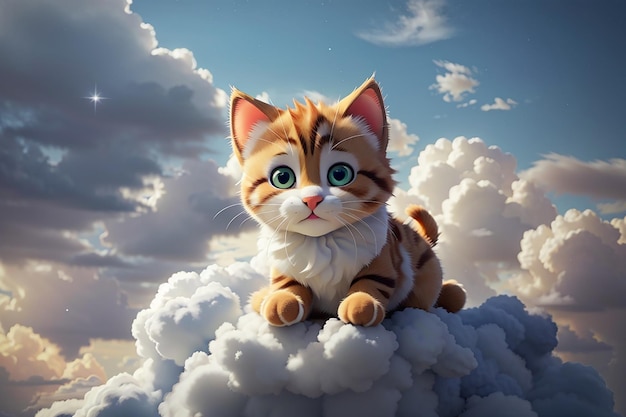 Cute kitten relaxing on clouds