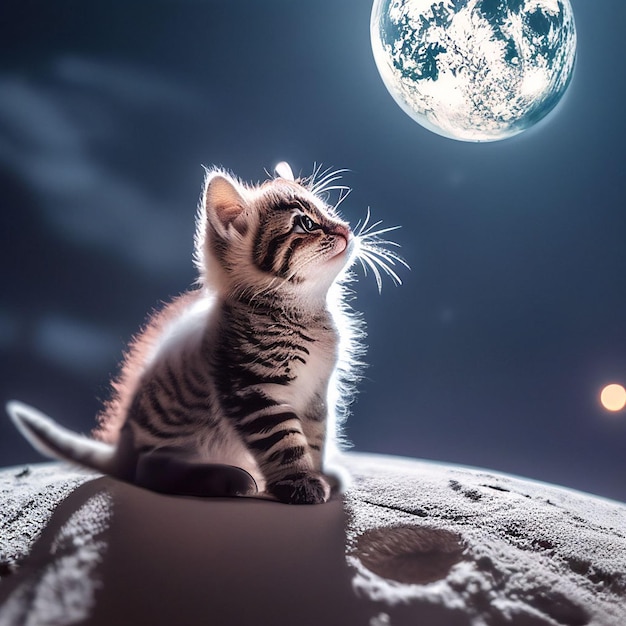 A cute kitten sits on the moon and looks up at the Earth