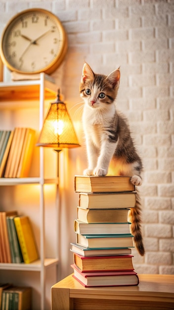 Милый котенок сидит на стопе книг мобильные обои