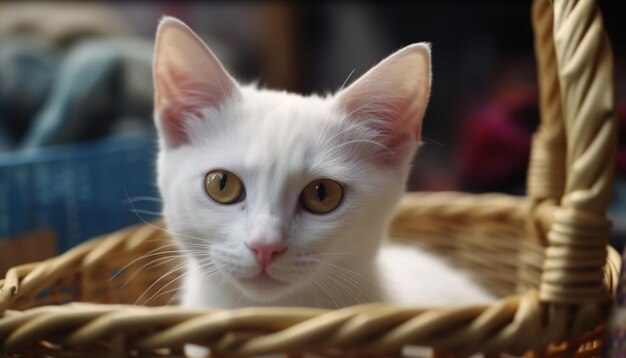 Cute kitten sitting in a basket staring with yellow eyes generated by artificial intelligence