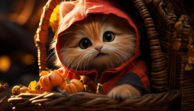 Cute kitten sitting in a basket wearing a pumpkin costume generated by artificial intelligence