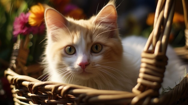 Cute kitten sitting in a basket