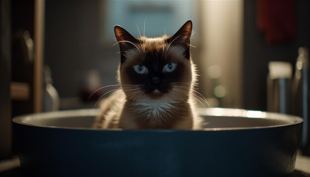 Foto gattino carino seduto in una vasca da bagno che fissa la telecamera generata dall'intelligenza artificiale