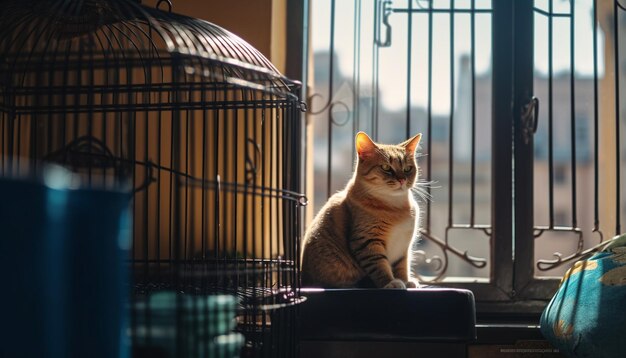 Cute kitten sitting by window staring at sunlight with whiskers generated by artificial intelligence