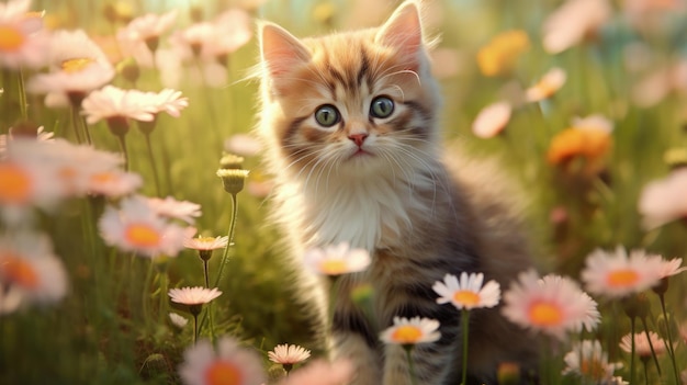 Cute kitten sitting among flowers field