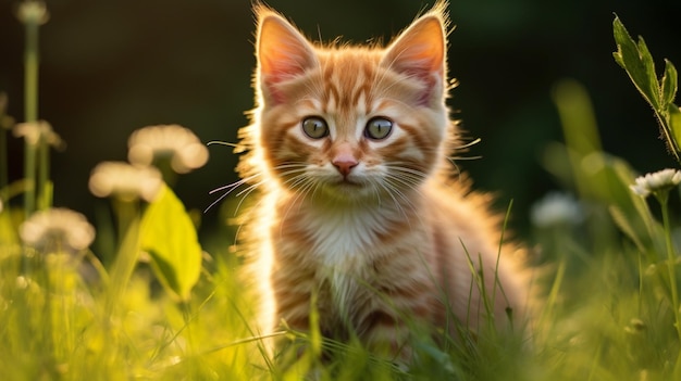 緑の草の上に座ってカメラを見つめるかわいい子猫