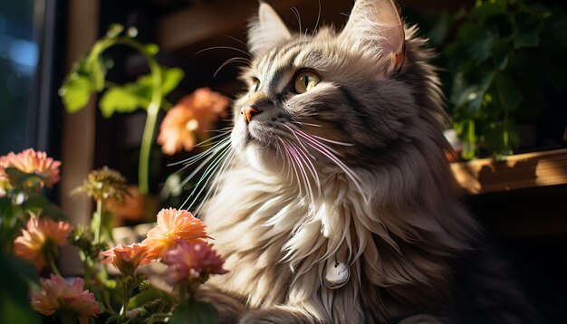 Cute kitten sitting outdoors looking at flower with curiosity generated by artificial intelligence