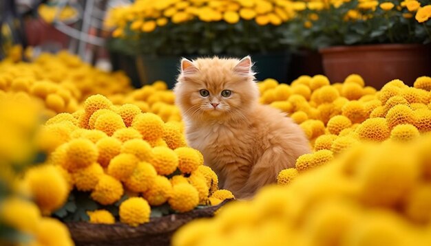 Cute kitten sitting outdoors surrounded by yellow flowers fluffy fur generated by artificial intelligence