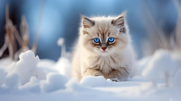 Cute kitten sitting in snow looking at camera with blue