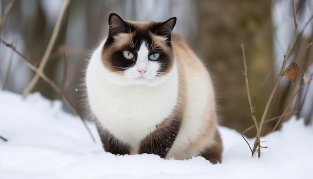 人工知能によって生み出された好奇心でカメラを見ている雪の中に座っている可愛い子猫