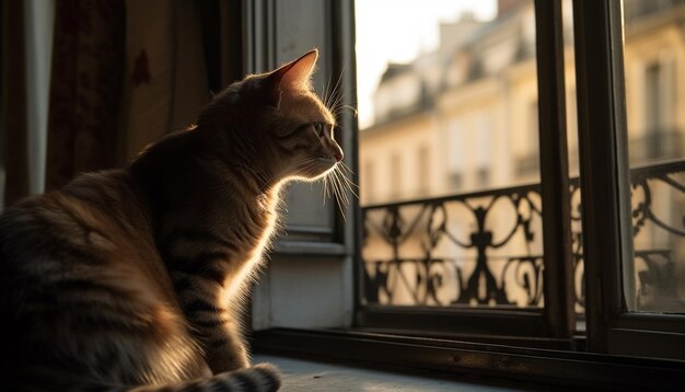 Cute kitten sitting on window sill staring at nature outside generated by artificial intelligence