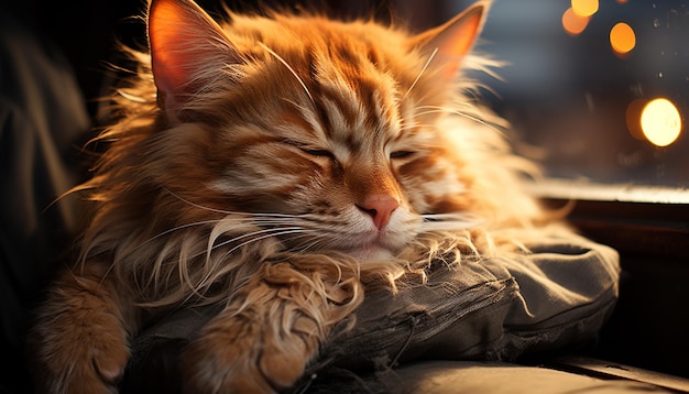 인공지능이 만들어낸 자연의 아름다움을 바라보며 잠든 푹신한 털 수염을 가진 귀여운 새끼 고양이