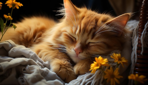 Cute kitten sleeping on grass fluffy fur nature beauty generated by artificial intelligence