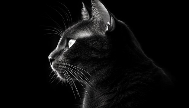 Foto gattino carino che fissa con l'attenzione sul primo piano monochrome sullo sfondo nero generato dall'intelligenza artificiale