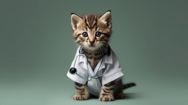 Cute kitten and stethoscope on color background closeup