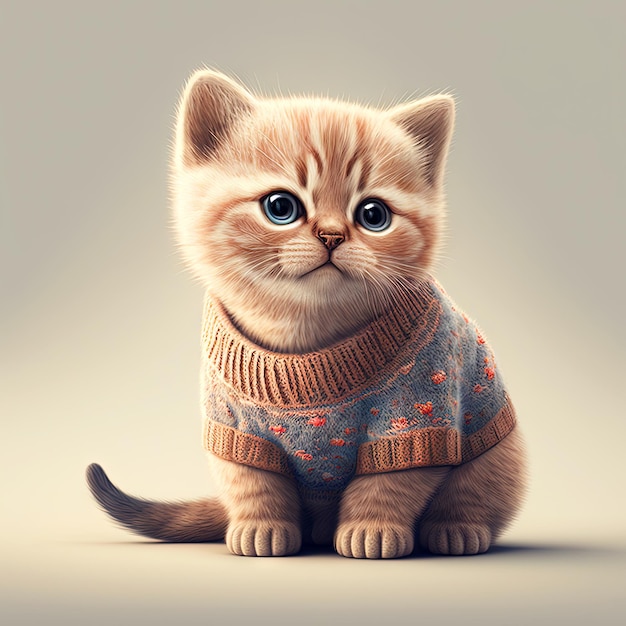 Cute kitten in sweater sitting Small cat in gray sweater watching Generative AI illustration