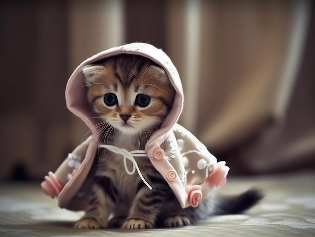 Cute kitten wearing fashionable dress Shallow depth of field photography