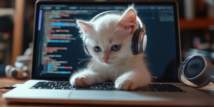Photo cute kitten wearing headphones using laptop