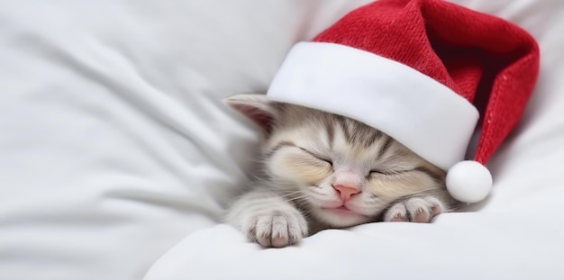 빨간 산타 모자를 쓴 귀여운 새끼 고양이가 위에서 아래로 자고 있습니다.