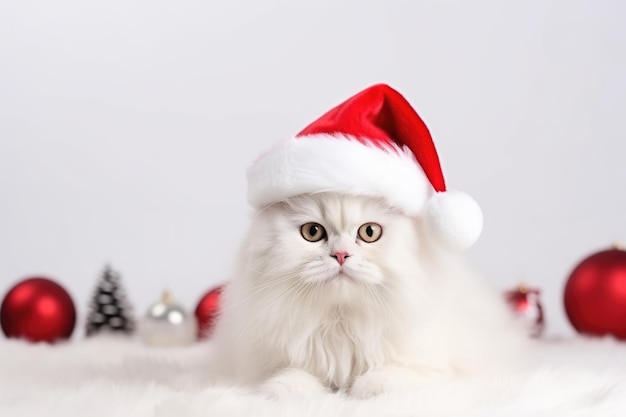 cute kitten wearing santa hat on white background with copy space AI Generated