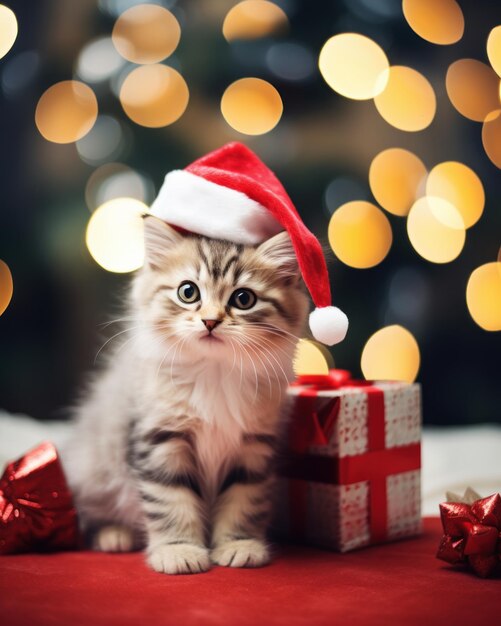 Cute kitten wearing santa hat with gift box in a christmas festive concept