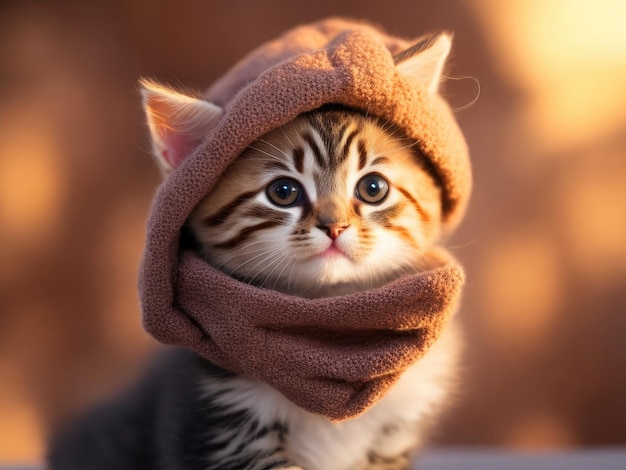 スカーフと暖かい帽子をかぶったかわいい子猫 ai 生成