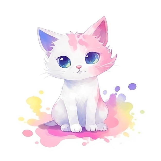 A cute kitten with blue eyes sits on a colorful watercolor background.