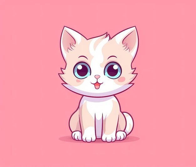 A cute kitten with blue eyes sits on a pink background.