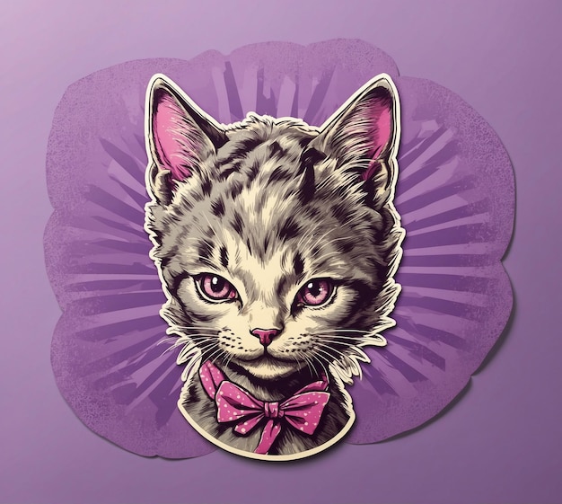 A cute kitten with a bow tie on a purple background Vector illustration