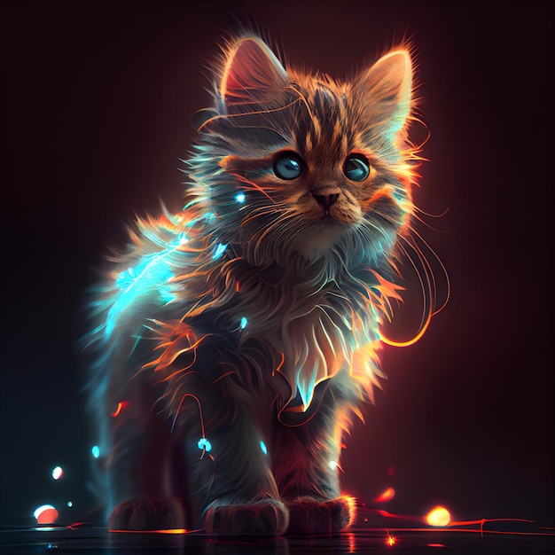 Cute kitten with bright lights on a black background Digital painting