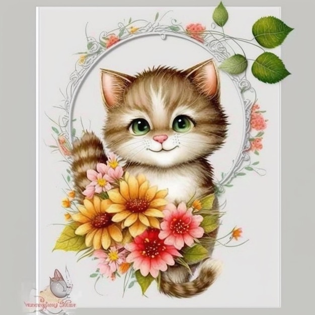 A cute kitten with flowers in the middle