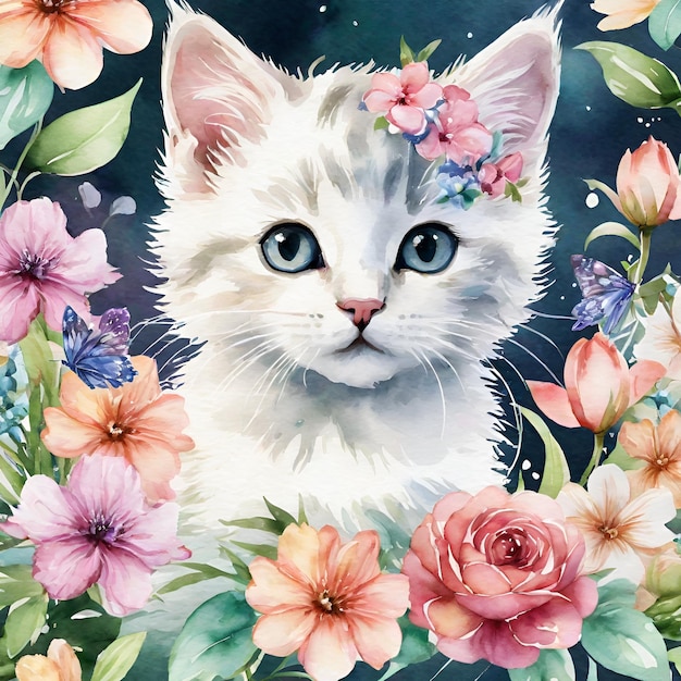 Cute kitten with flowers watercolor painting