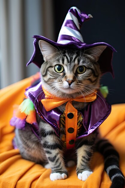 Foto gattino carino con costume di halloween festa stagionale ai generativa