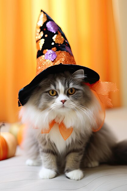 Photo cute kitten with halloween costume seasonal party generative ai