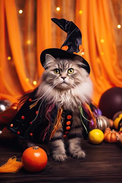 Foto gattino carino con costume di halloween festa stagionale ai generativa