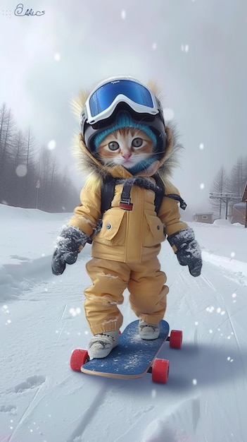 A cute kitten with light yellow and white fur wearing a thick ski jacket